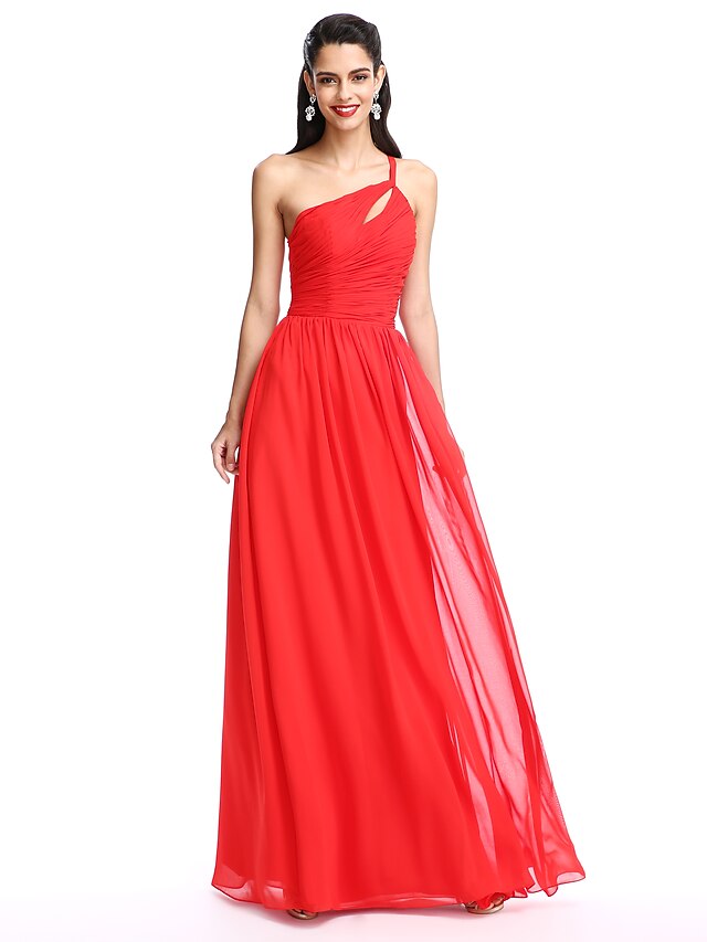  A-Line Elegant Prom Formal Evening Dress One Shoulder Sleeveless Floor Length Chiffon with Ruched Side Draping 2020