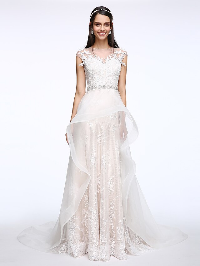  A-Line Bateau Neck Court Train Lace / Tulle Made-To-Measure Wedding Dresses with Crystal / Appliques by LAN TING BRIDE®
