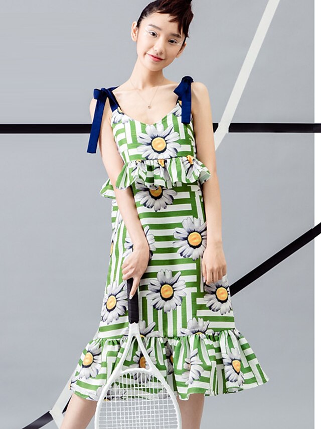  ROOM404  Women‘s Going out Cute Sheath DressFloral Strap Knee-length Sleeveless Green Polyester
