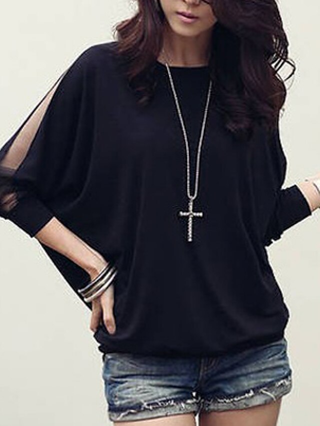  Women's Blouse Solid Colored Plus Size Round Neck Weekend Long Sleeve Loose Tops White Black / Batwing Sleeve