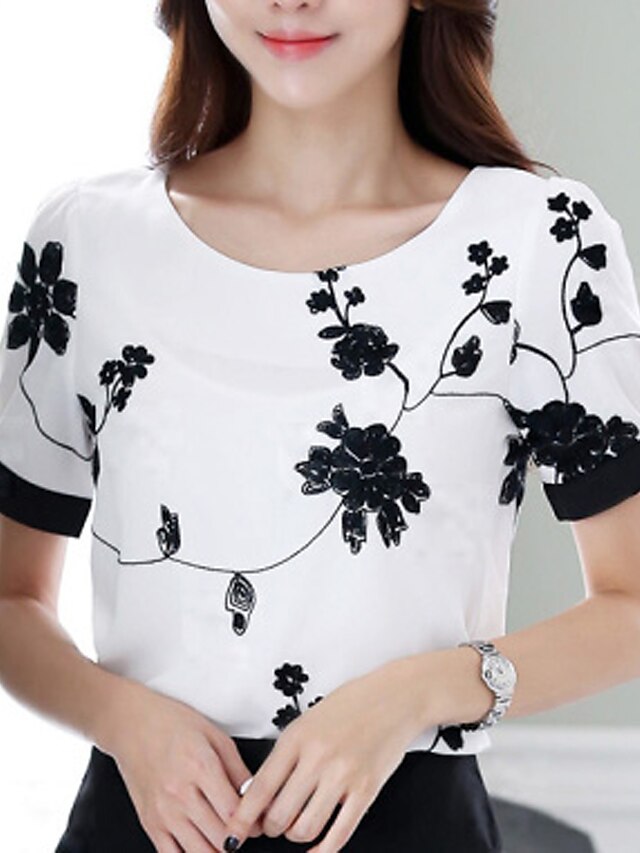  Women's Blouse Floral Plus Size Round Neck Daily Print Short Sleeve Tops White