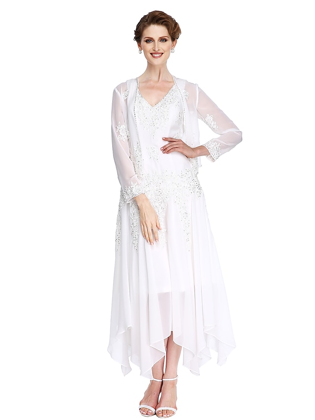  A-Line Mother of the Bride Dress Convertible Dress V Neck Asymmetrical Chiffon Beaded Lace Long Sleeve with Beading Appliques 2021