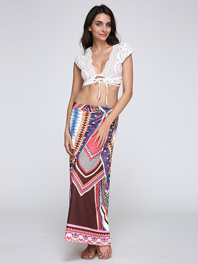  Women's Beach Boho Cotton A Line Skirts Patchwork / Print / Fall / Maxi