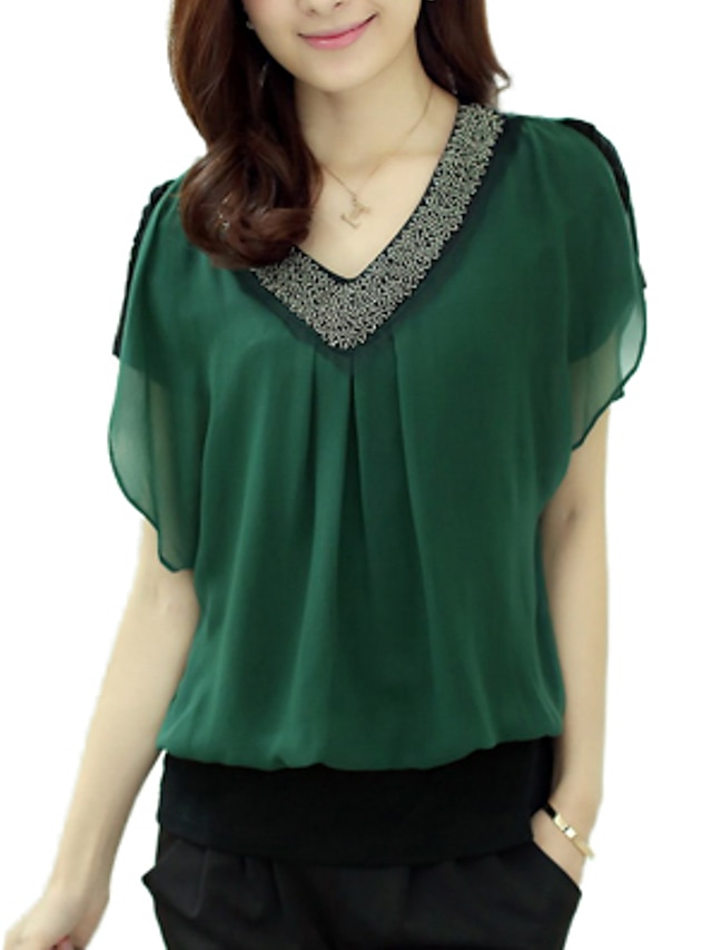  Women's Blouse Solid Colored Plus Size V Neck Daily Weekend Beaded Short Sleeve Tops Casual Green Black Red