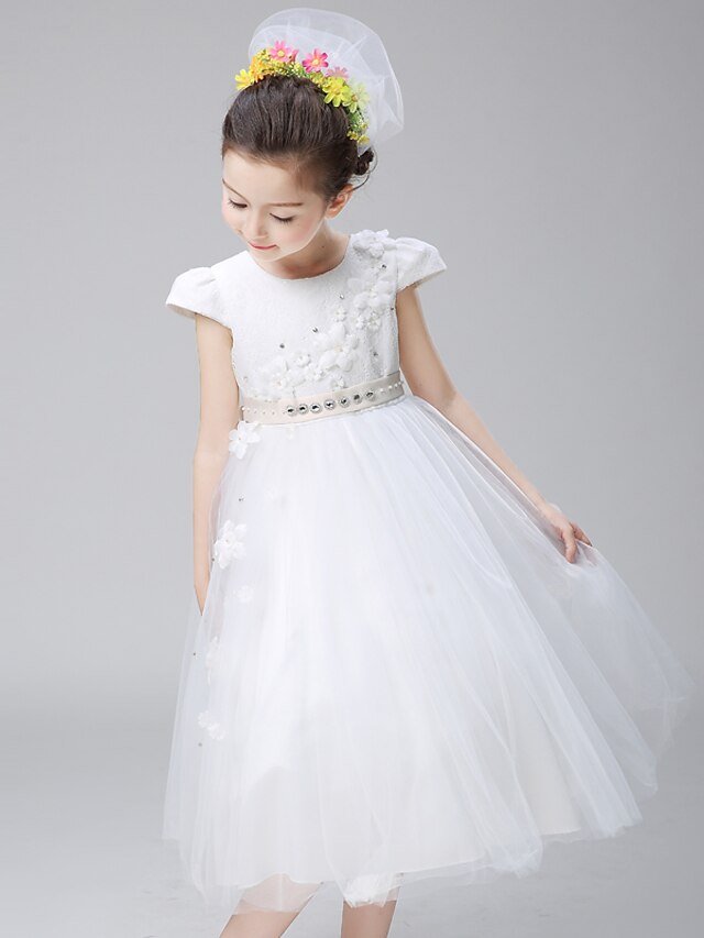  Ball Gown Ankle Length Flower Girl Dress - Polyester Organza Satin Short Sleeves Jewel Neck with Beading
