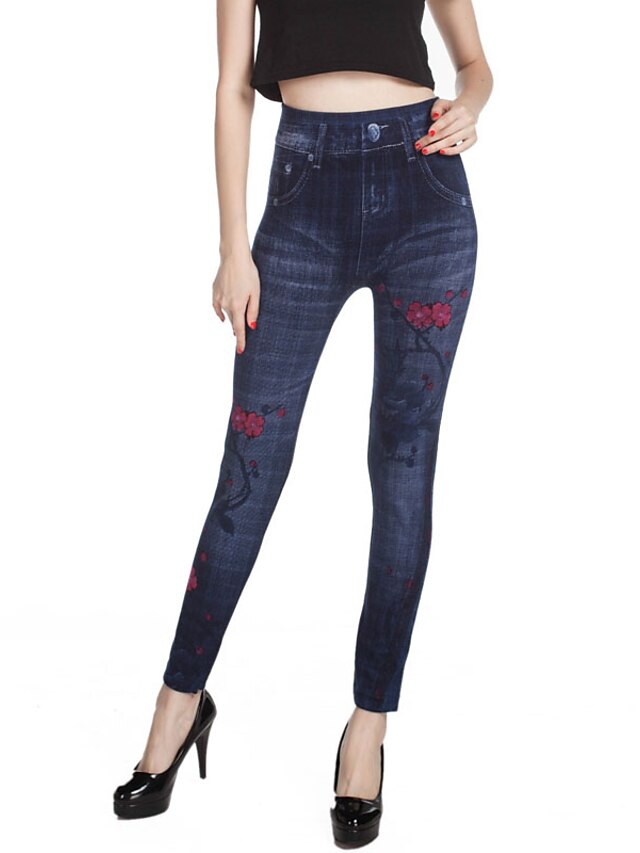  Women's Cotton Print / Denim Legging - Floral Blue