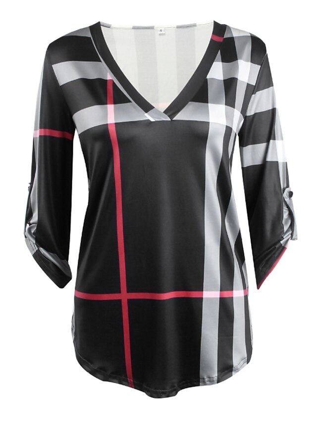  Damen T Shirt Plaid V Ausschnitt Rosa Weiß Schwarz Täglich Bekleidung Baumwolle / Winter