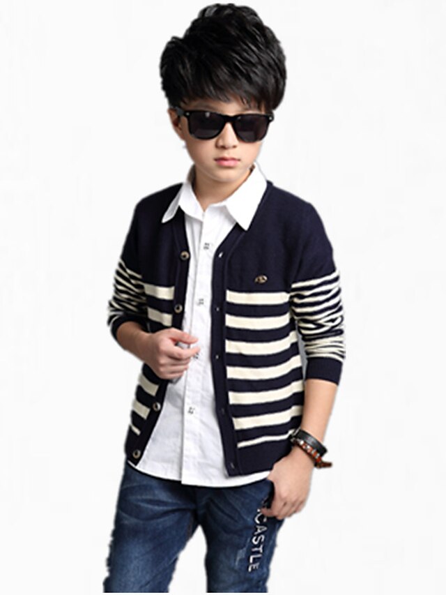  Boys' Stripes Daily Striped Long Sleeve Regular Regular Sweater & Cardigan Navy Blue