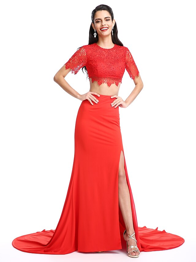  Two Piece A-Line Two Piece Formal Evening Dress Jewel Neck Short Sleeve Court Train Jersey with Split Front 2020 / Illusion Sleeve