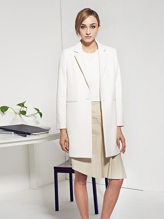   C＋IMPRESS Women‘s Work Casual CoatSolid Peaked Lapel Long Sleeve Winter White Wool / Polyester Medium