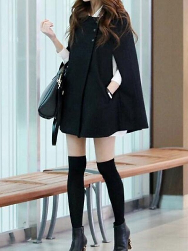  Women's Parka Casual / Daily Fall Winter Regular Coat Peaked Lapel Simple Jacket Long Sleeve Solid Colored Classic Black