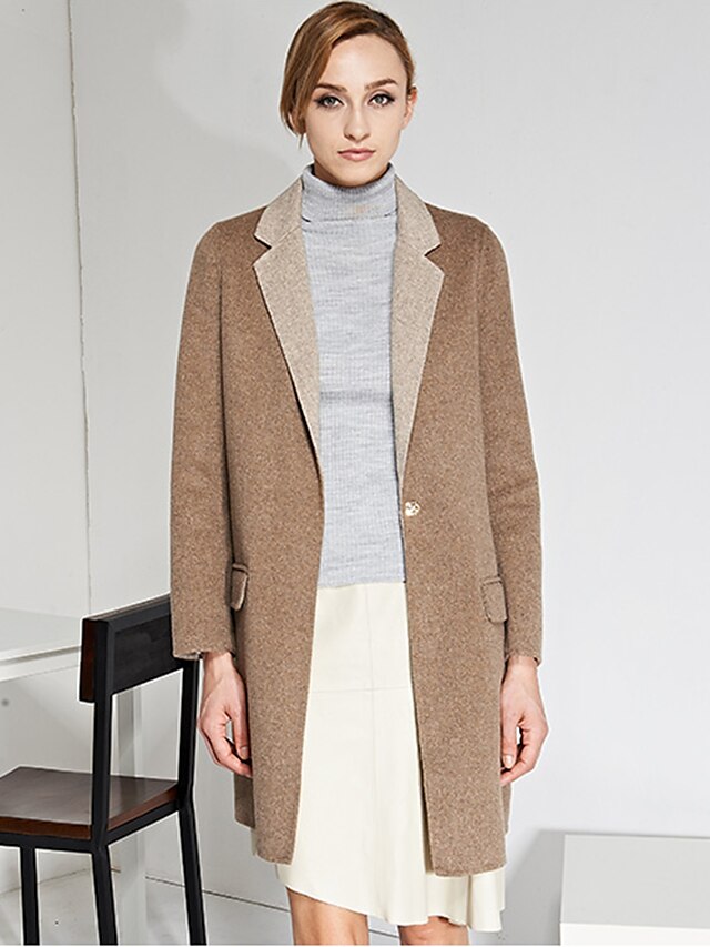   C＋IMPRESS Women‘s Work Simple CoatSolid Peaked Lapel Long Sleeve Winter Brown Wool / Rayon Medium