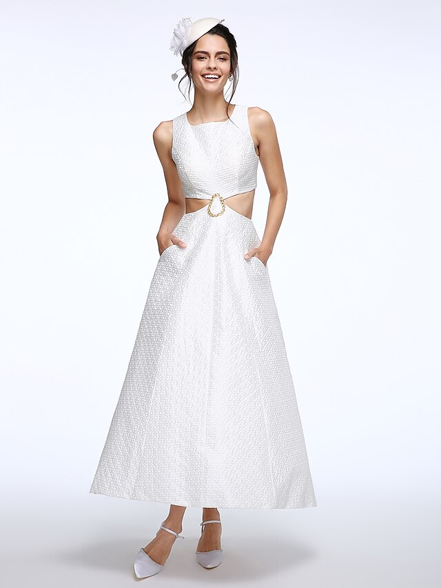 A-vonalú Esküvői ruhák Szögletes Bokáig érő Kapok szövet Ujjatlan Kis fehér szoknyák val vel Gyöngydíszítés 2020