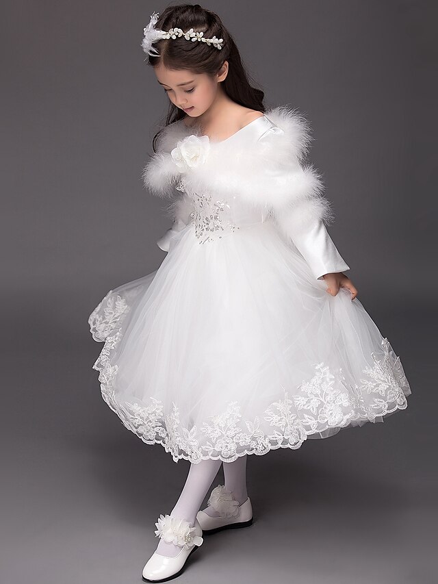  Ball Gown Tea Length Satin Tulle Flower Girl Dresses with Sequin Appliques / Natural