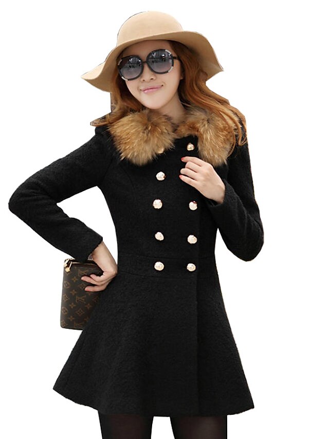  Women's Going out / Work Vintage Wool Coat - Solid Colored Shirt Collar / Fall / Winter