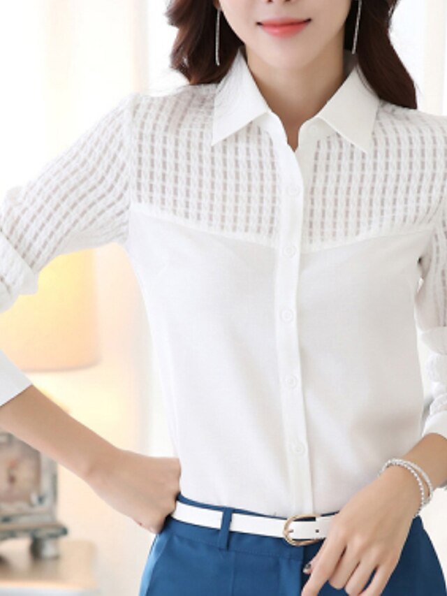  Mulheres Camisa Social Cor Sólida Colarinho de Camisa Branco Tamanho Grande Trabalho Com Corte Roupa / Manga Longa