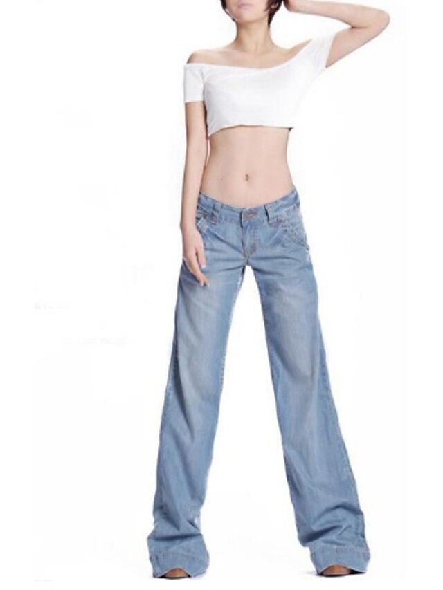  Mulheres Tamanhos Grandes Diário Solto Algodão Perna larga Jeans Calças - Sólido Azul Claro S / M / L