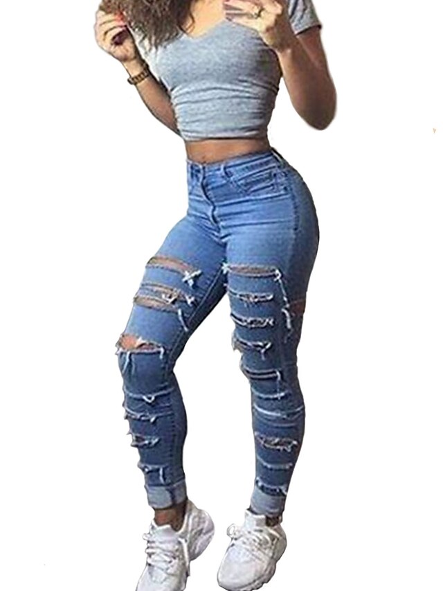  Mulheres Moda de Rua Diário Delgado Justas / Skinny Jeans Chinos Calças Sólido Azul S M L