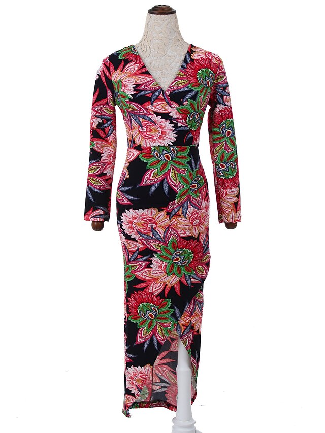  Dame Kineseri Bomuld Bodycon Kjole - Blomstret, Delt Midi V-hals