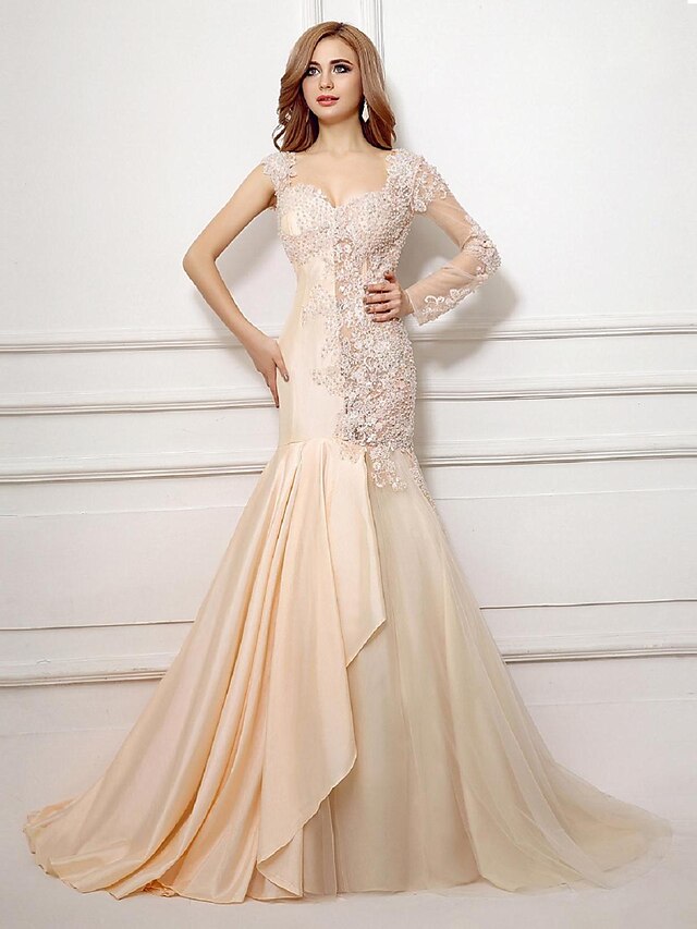  Mermaid / Trumpet Beautiful Back Dress Formal Evening Court Train Sleeveless Sweetheart Taffeta with Beading Appliques 2024