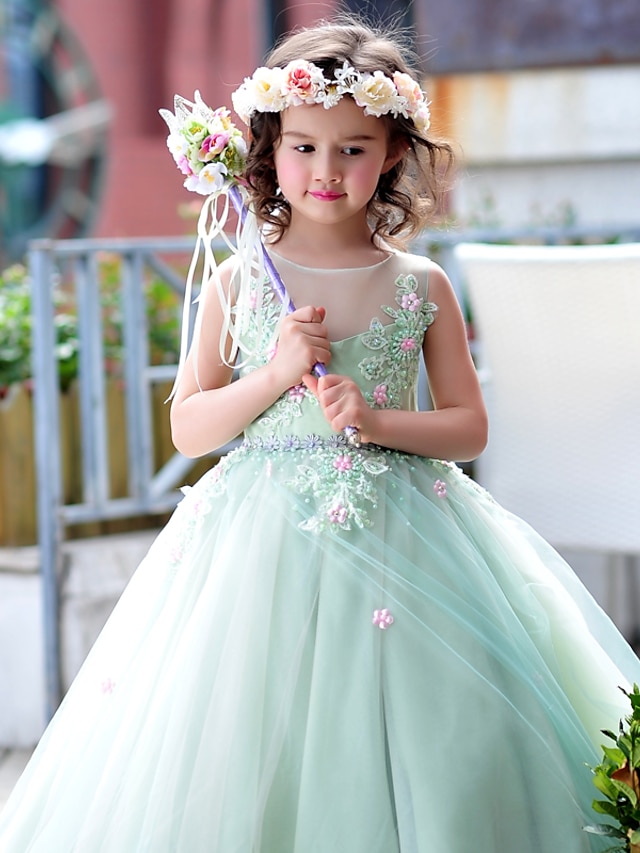  Ball Gown Floor Length Tulle Charmeuse Flower Girl Dresses with Lace Beading