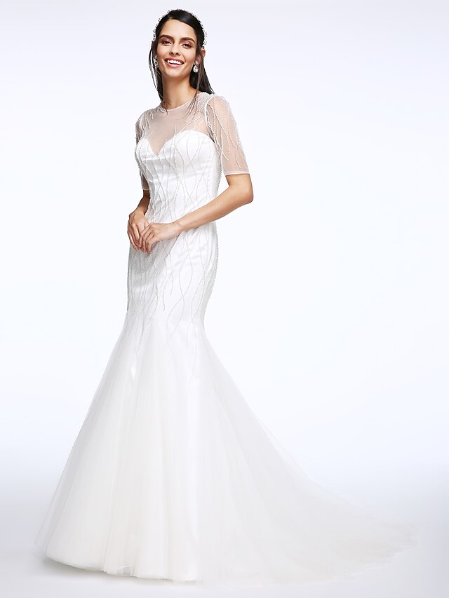  Φορεματα για γαμο Ουρά μέτριου μήκους Τρομπέτα / Γοργόνα Κοντομάνικο Λαιμός ψευδαίσθησης Τούλι Με Χάντρες Κουμπί 2023 Νυφικά φορέματα