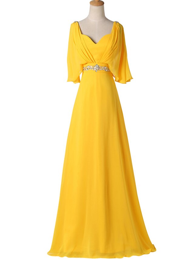  A-Line V Neck Floor Length Chiffon Formal Evening Dress with Beading Pleats by Shang Shang Xi