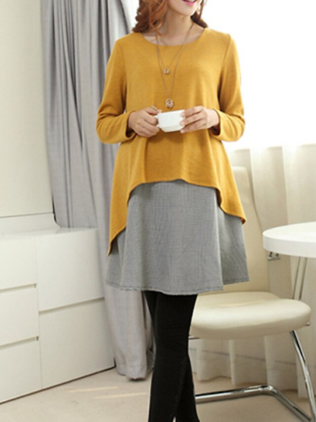  Light Brown Yellow Long Sleeve Patchwork Color Block Layered All Seasons Round Neck M L XL XXL 3XL 4XL / Cotton / Plus Size / Above Knee / Cotton