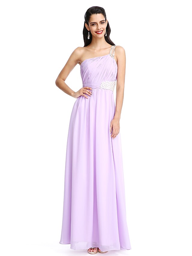 Sheath / Column Elegant Dress Prom Formal Evening Floor Length Sleeveless One Shoulder Chiffon with Sash / Ribbon Beading Draping 2024