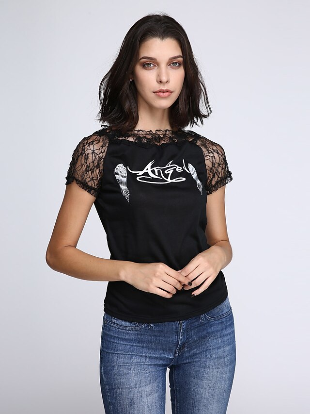  Women's Lace up Print White/Black T-shirt,Round Neck Short Sleeve