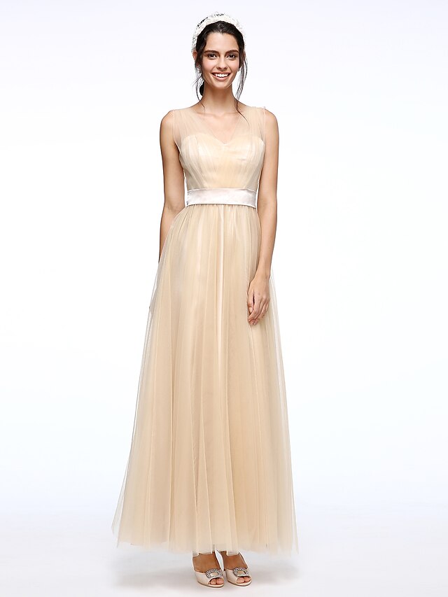  A-Line Elegant Minimalist Formal Evening Dress Straps Sleeveless Floor Length Tulle with Sash / Ribbon Side Draping 2020