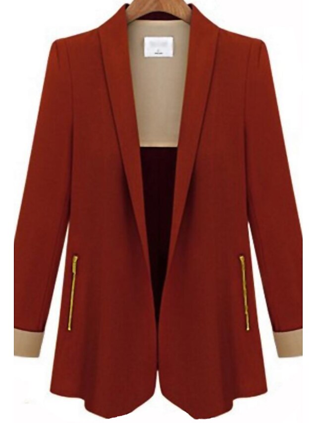  Women's Work Simple Fall Blazer,Color Block Peaked Lapel Long Sleeve Blue / Red / Black Polyester Opaque