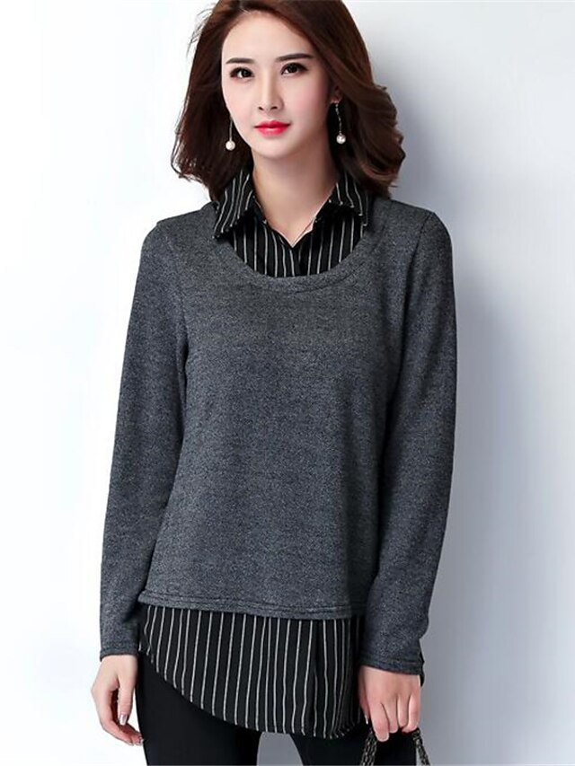  Damen Standard Pullover-Ausgehen Lässig/Alltäglich Übergröße Einfach Gestreift Einfarbig Hemdkragen Langarm Polyester Frühling Winter