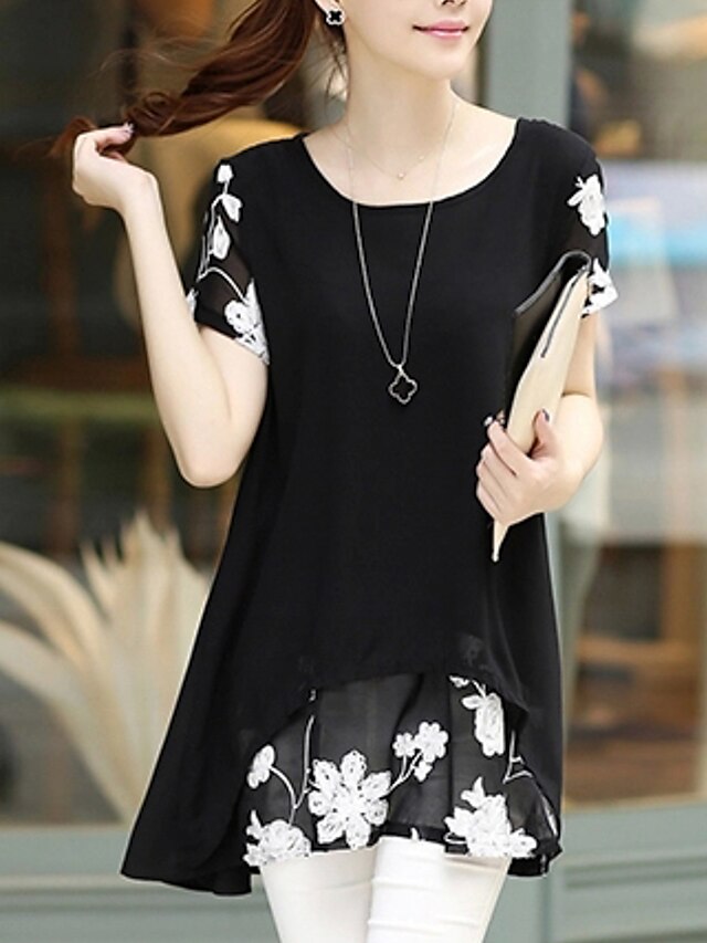  Women's Plus Size Sophisticated Cotton Loose / Chiffon Dress - Floral Mini