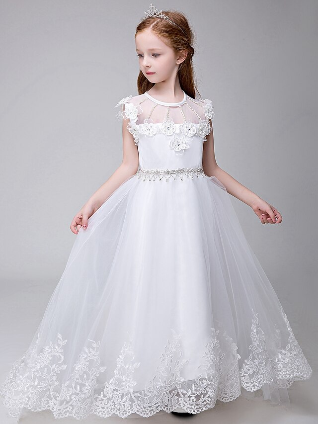  Ball Gown Chapel Train Flower Girl Dress - Tulle Sleeveless Jewel Neck with Beading / Appliques by