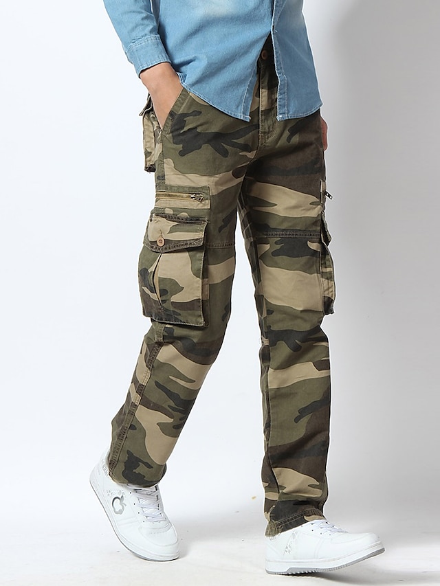 Mens Clothing Mens Bottoms | Mens Active Straight Loose Tactical Cargo Pants Daily Sports Inelastic Camo / Camouflage Cotton Gre