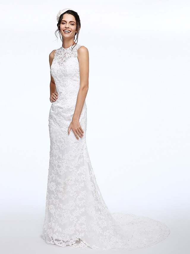  A-Line High Neck Court Train Lace Made-To-Measure Wedding Dresses with Beading / Button by LAN TING BRIDE®