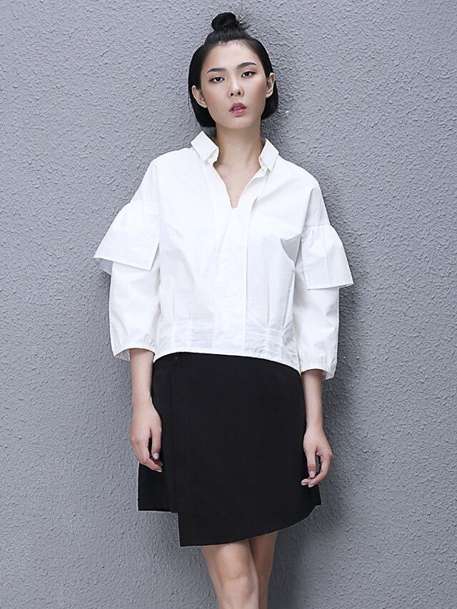  Women's Daily Casual All Seasons ShirtSolid Shirt Collar Long Sleeve White Cotton