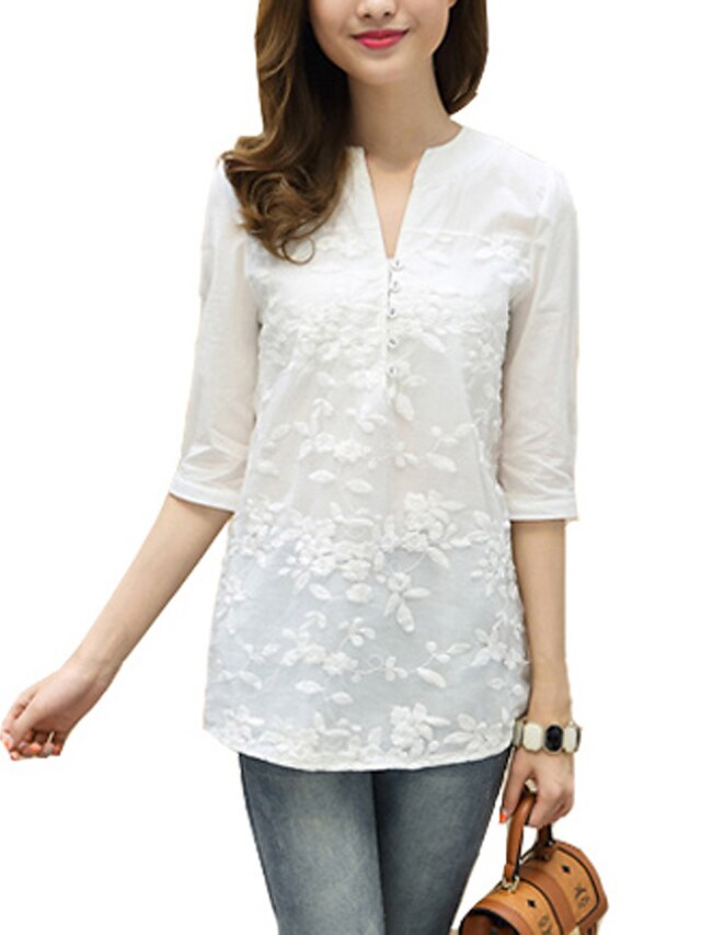  Women's Blouse Jacquard V Neck Going out Tops Streetwear White