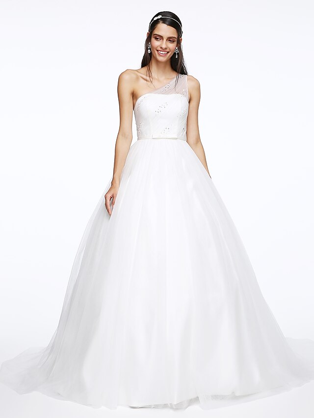  A-Line One Shoulder Court Train Tulle Made-To-Measure Wedding Dresses with Sequin / Side-Draped by LAN TING BRIDE®