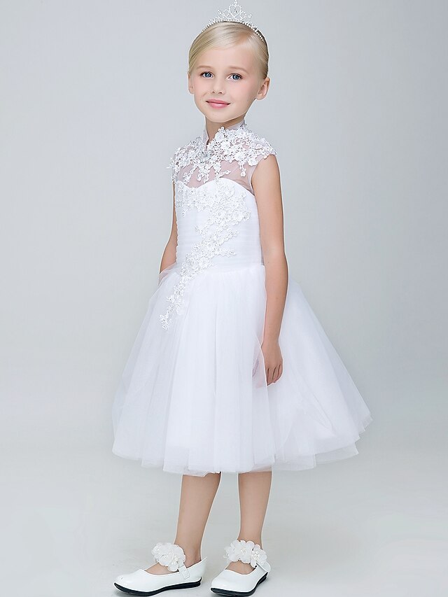 Ball Gown Knee Length Flower Girl Dress Tulle Sleeveless High Neck