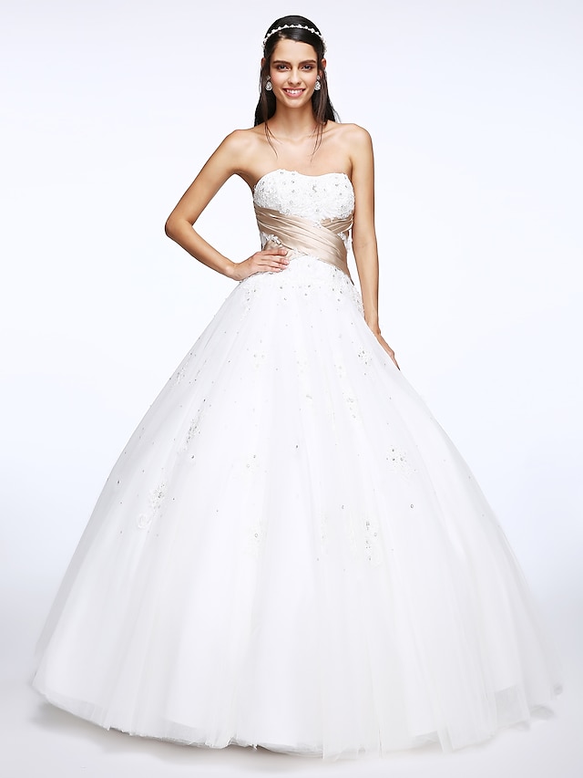  A-Line Sweetheart Neckline Floor Length Tulle Made-To-Measure Wedding Dresses with Appliques / Criss-Cross by LAN TING BRIDE®