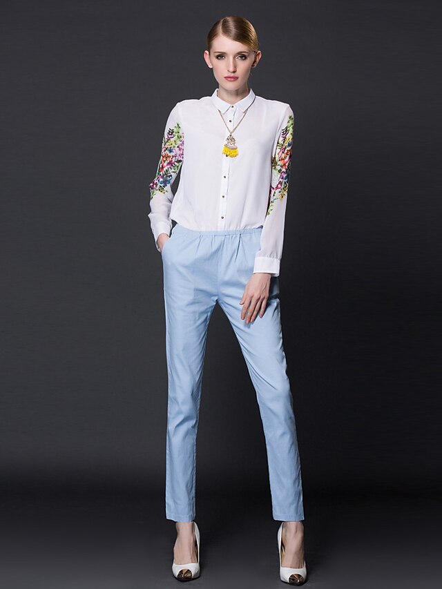  FRMZ Women's Embroidery Going out Casual Shirt Collar White Jumpsuit, Floral Patchwork M L XL Cotton Long Sleeve Summer