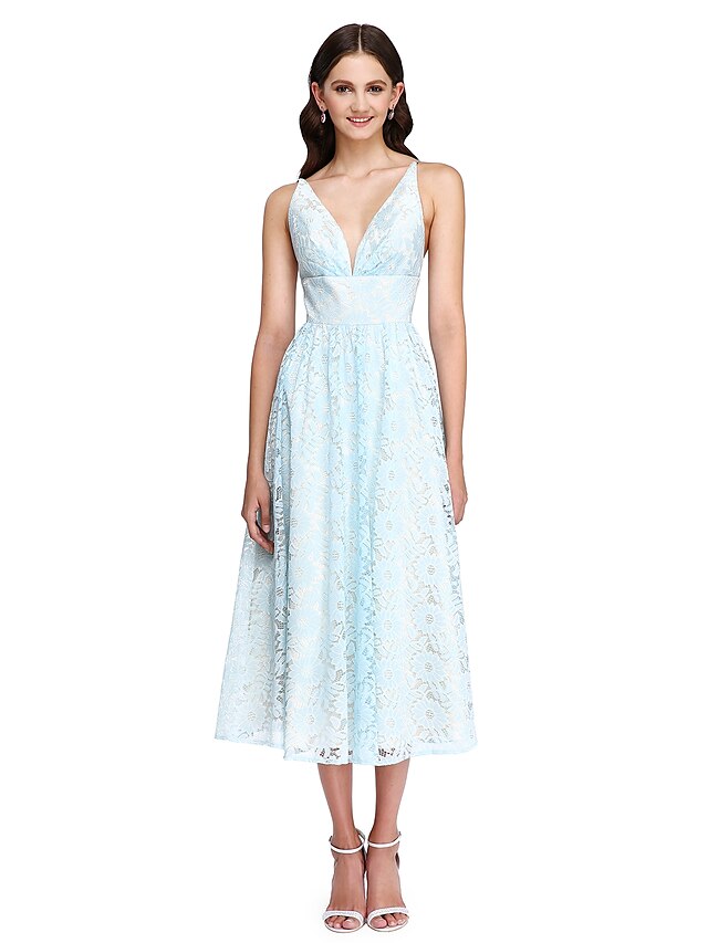  A-Line V Neck Tea Length Lace Bridesmaid Dress with Sash / Ribbon by LAN TING BRIDE®