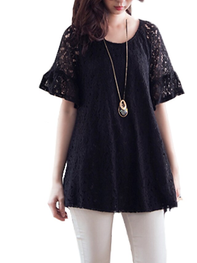  Women's Blouse Solid Colored Round Neck Black Plus Size Going out Lace Clothing Apparel Casual / Short Sleeve