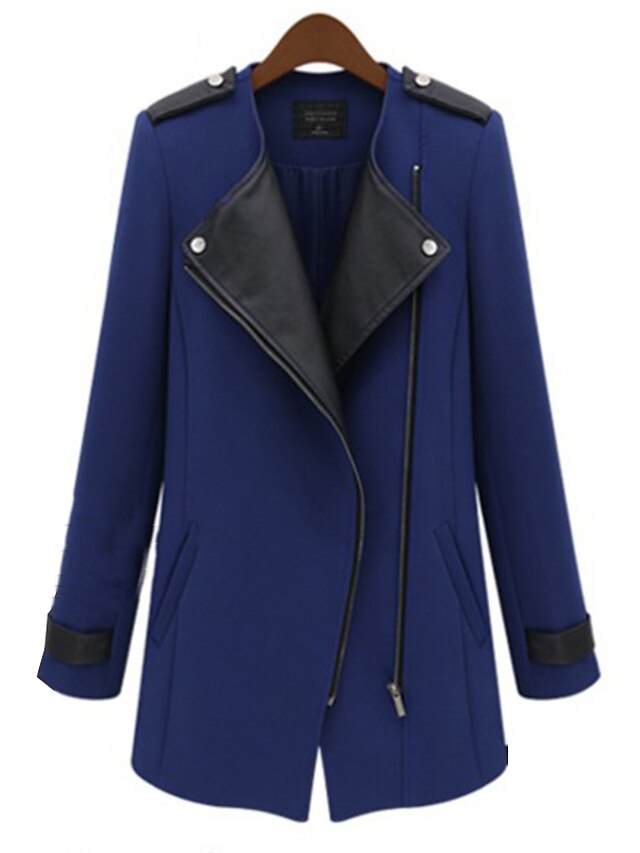  Vrouwen Vintage Winter Trenchcoat,Casual/Dagelijks / Grote maten Assymmetrisch-Lange mouw Blauw / Zwart Effen Medium Polyester