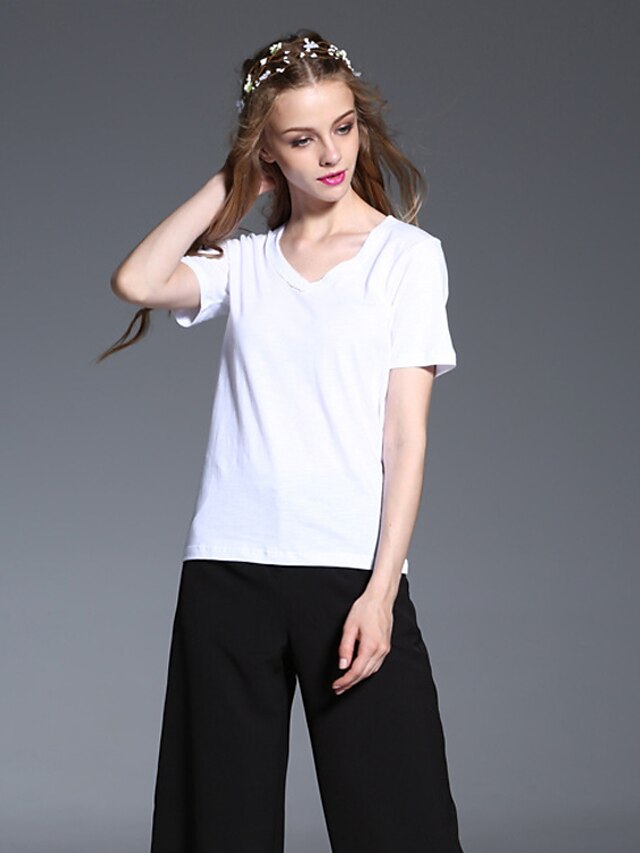  Mulheres Camiseta Simples Sólido Algodão Decote V Branco