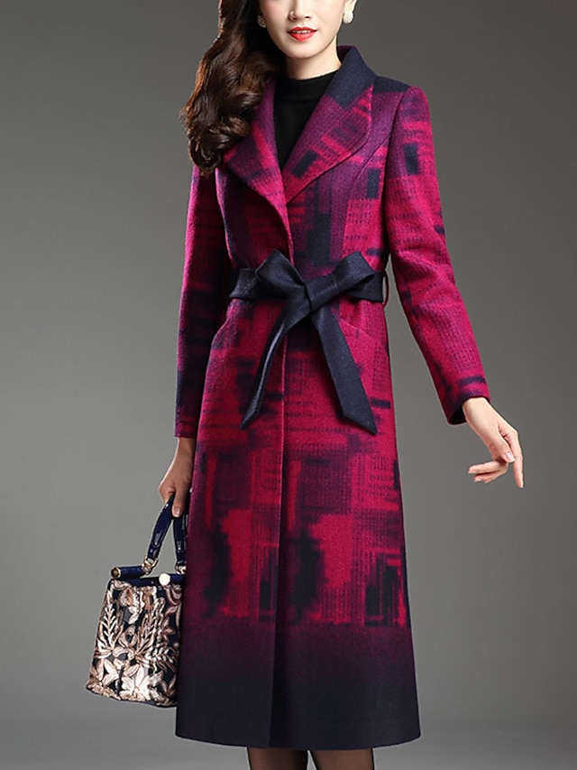  Women's Coat Daily Work Fall Winter Maxi Coat Regular Fit Vintage Jacket Long Sleeve Plaid Purple / Plus Size
