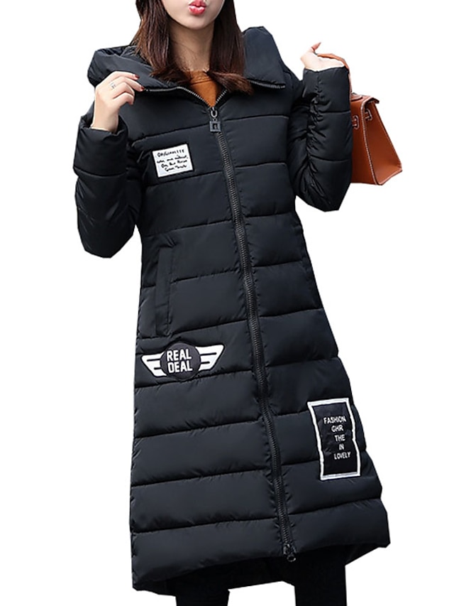  Women's Long Padded CoatSimple / Street chic Thick Warm Plus Size / Going out Letter Long Sleeve Hooded