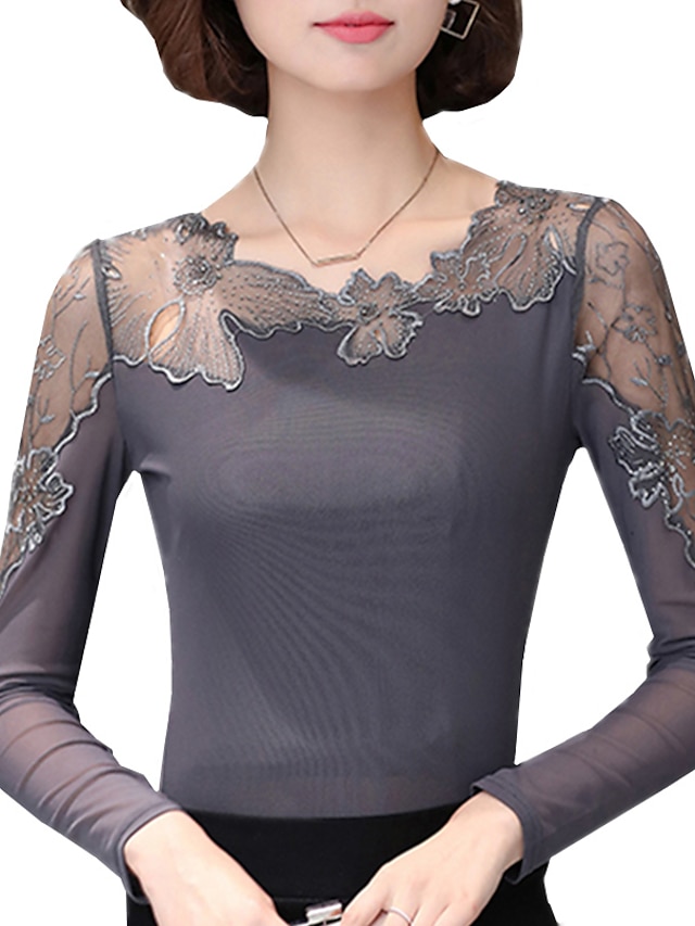  Women's Blouse Patchwork Sexy Plus Size Round Neck Going out Weekend Lace Trims Long Sleeve Tops Black Gray